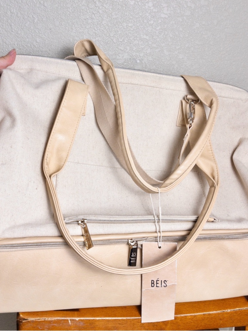 NWT BEIS Weekender Beige Shoulder Bag Tote Travel Full Size Canvas - Picture 8 of 13